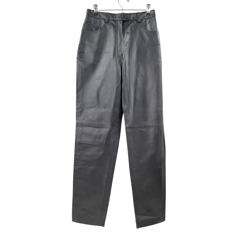 NWT Lew Magram ‎ Black Leather Pants # 9264 Straight Leg High Rise Womens 4 Moto